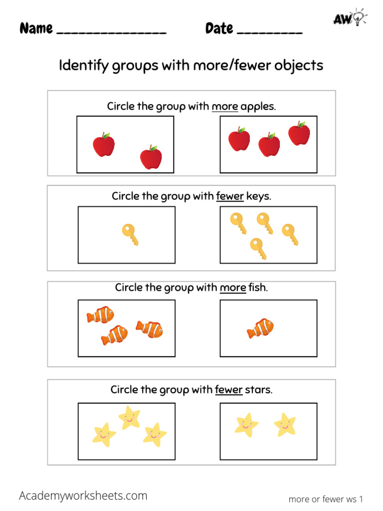 More or Fewer Objects Worksheet | PDF