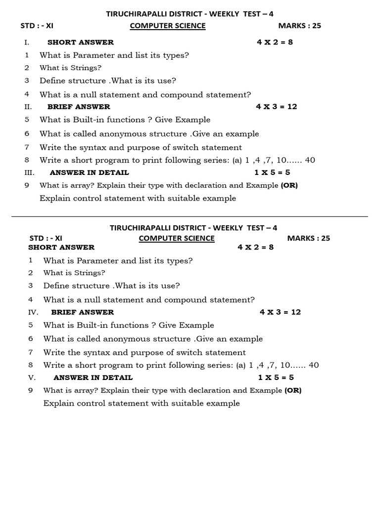 11 Comp Sci Weekly Test 4 New | PDF