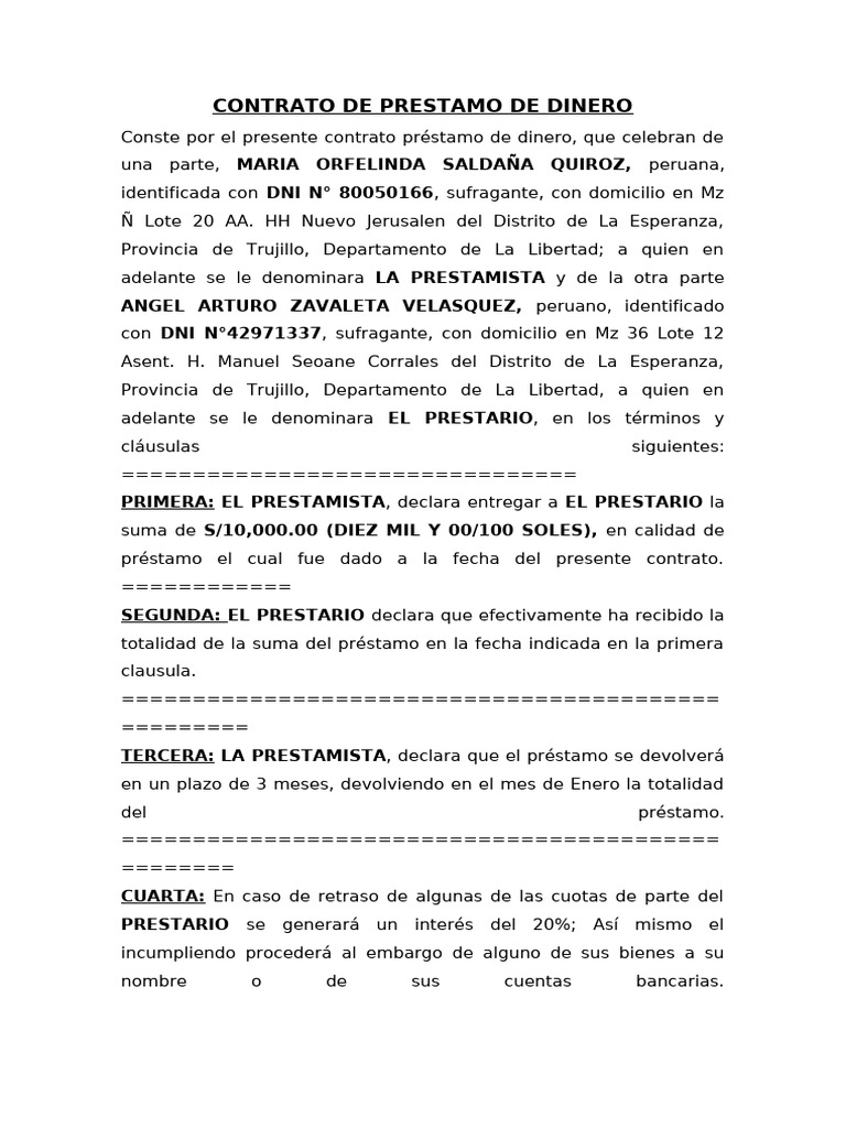 Contrato de Préstamo de Dinero en Trujillo | PDF