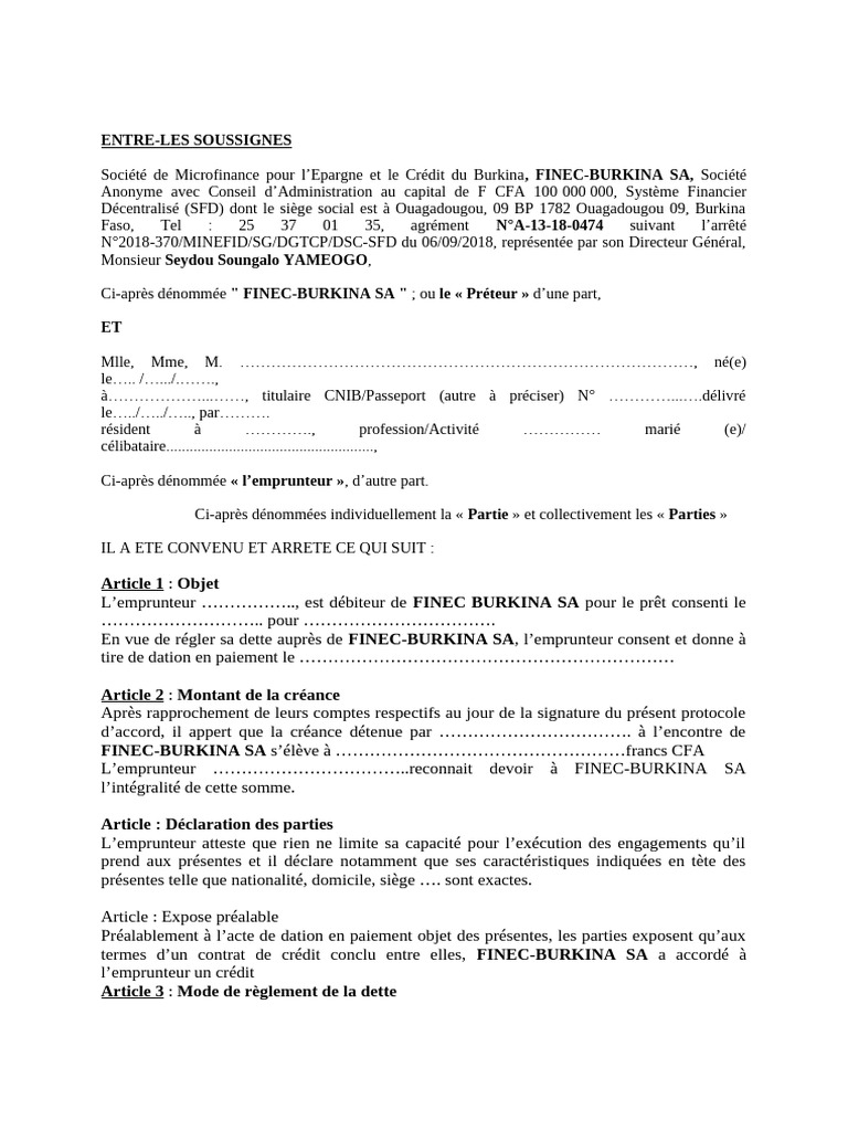 Acte de Dation en Paiement FINEC-BURKINA | PDF | Crédit | Finance et ...