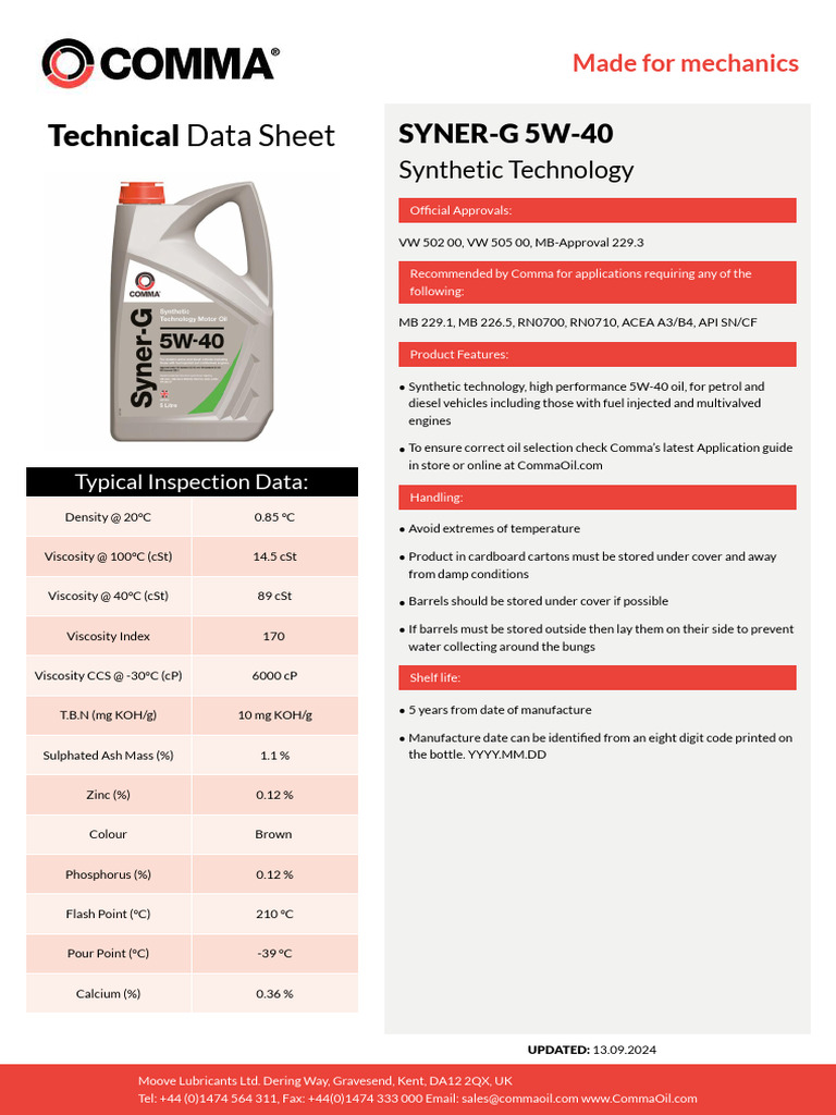 Technical-Data-Sheet-syner-g-5w-40 | PDF | Viscosity | Hydrocarbons