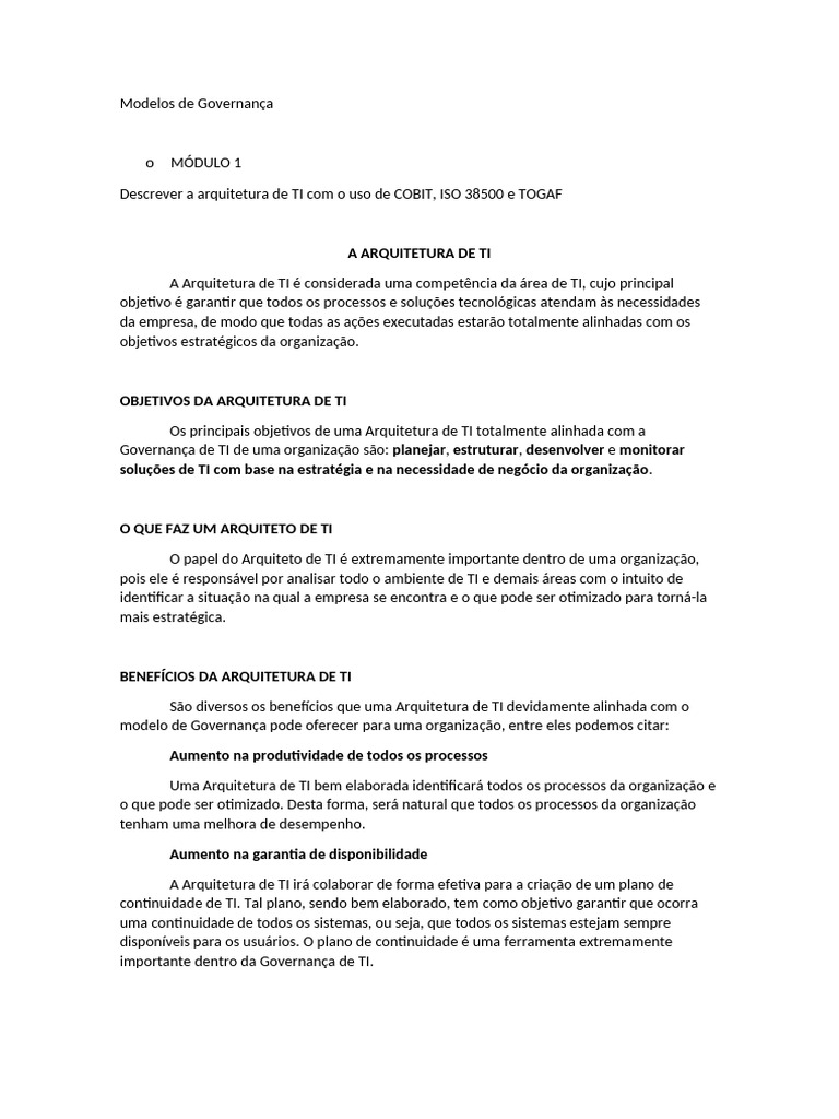 Governança de TI: Arquitetura e COBIT | PDF | Cobit | Tecnologia da ...