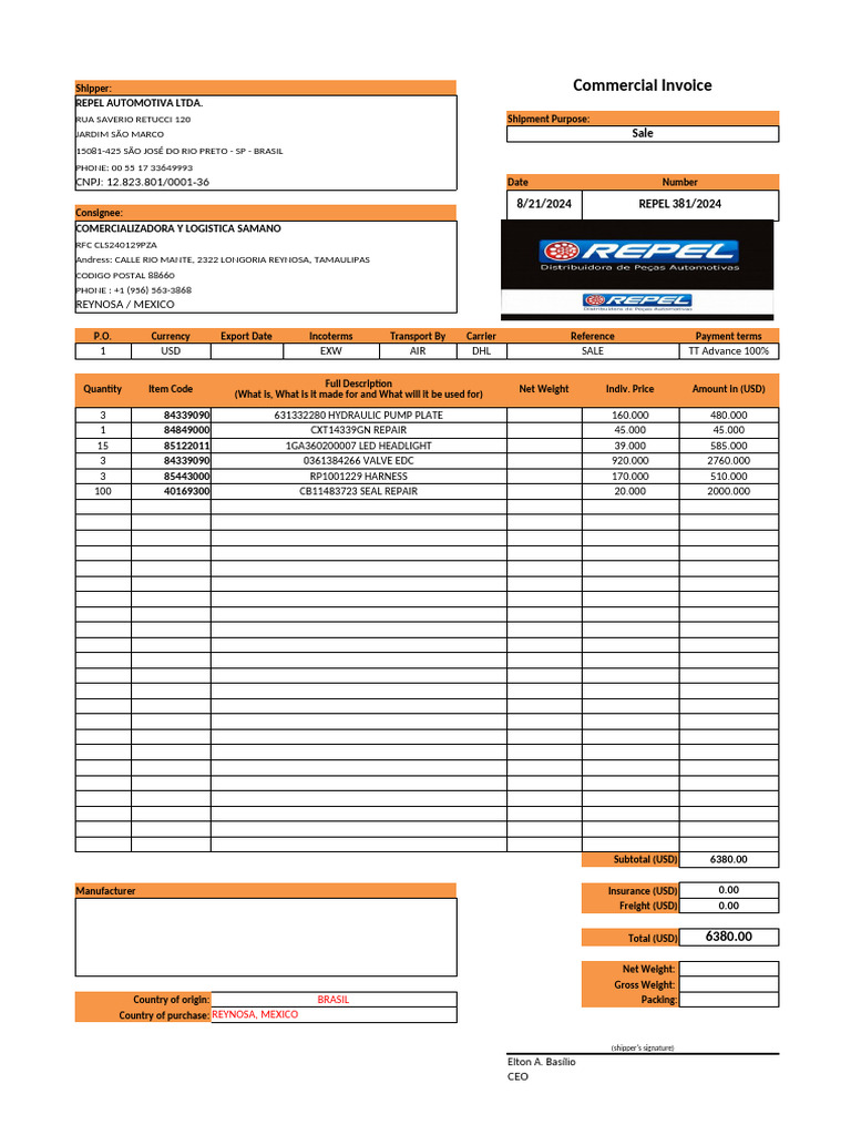 Invoice for Comercializadora Samano | PDF | Logistics | Supply Chain ...