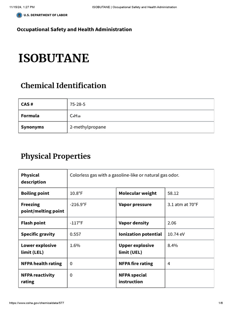 Isobutane Chemical Safety Data Sheet | PDF | Occupational Safety And ...