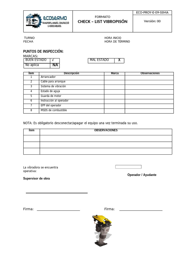 Checklist de Inspección para Vibropisón | PDF