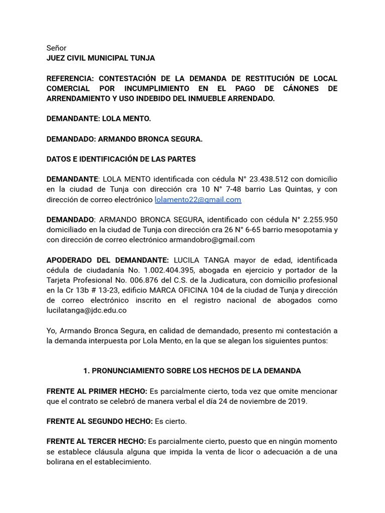 Contestación a Demanda de Restitución Comercial | PDF | Demanda ...