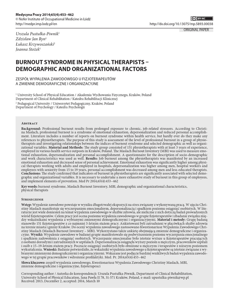 Burnout Syndrome in Physical Therap | PDF | Occupational Burnout ...