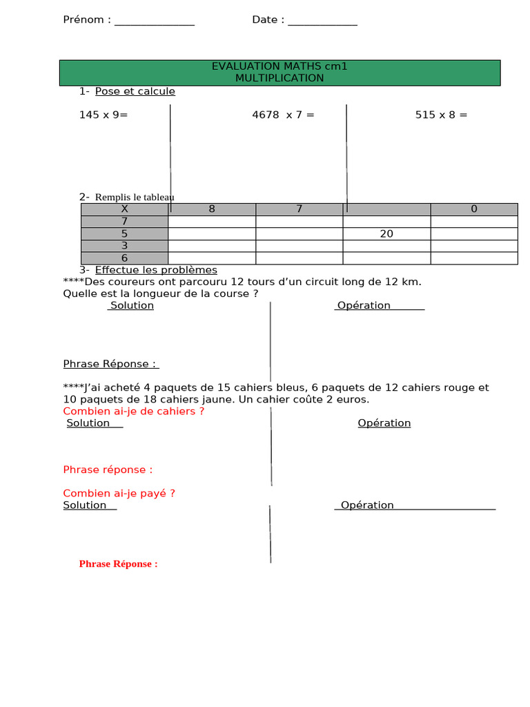 Évaluation Multiplication CM1 | PDF