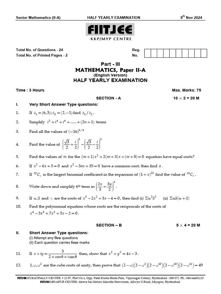 (Final) SR MATHS II-A Half Yearly 8.11.24 | PDF | Equations | Polynomial