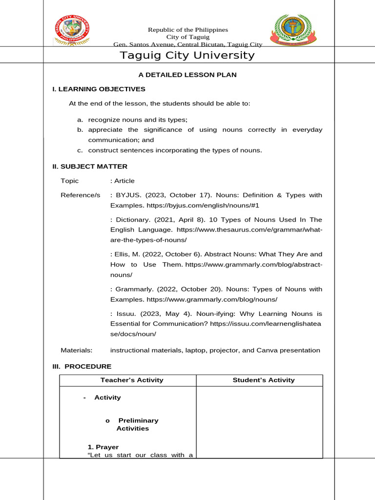 Detailed Lesson Plan Format | PDF | Noun | Word