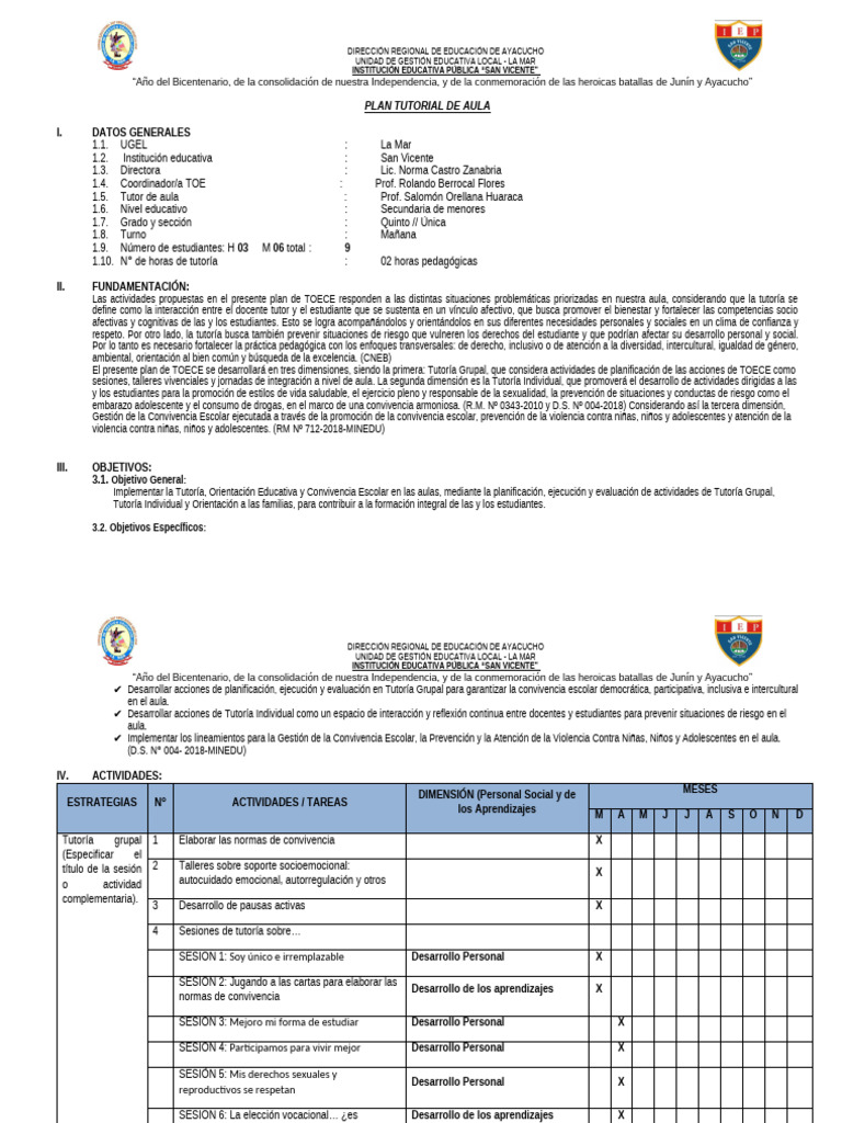 Plan Tutorial de Aula en San Vicente | PDF | Desarrollo personal ...