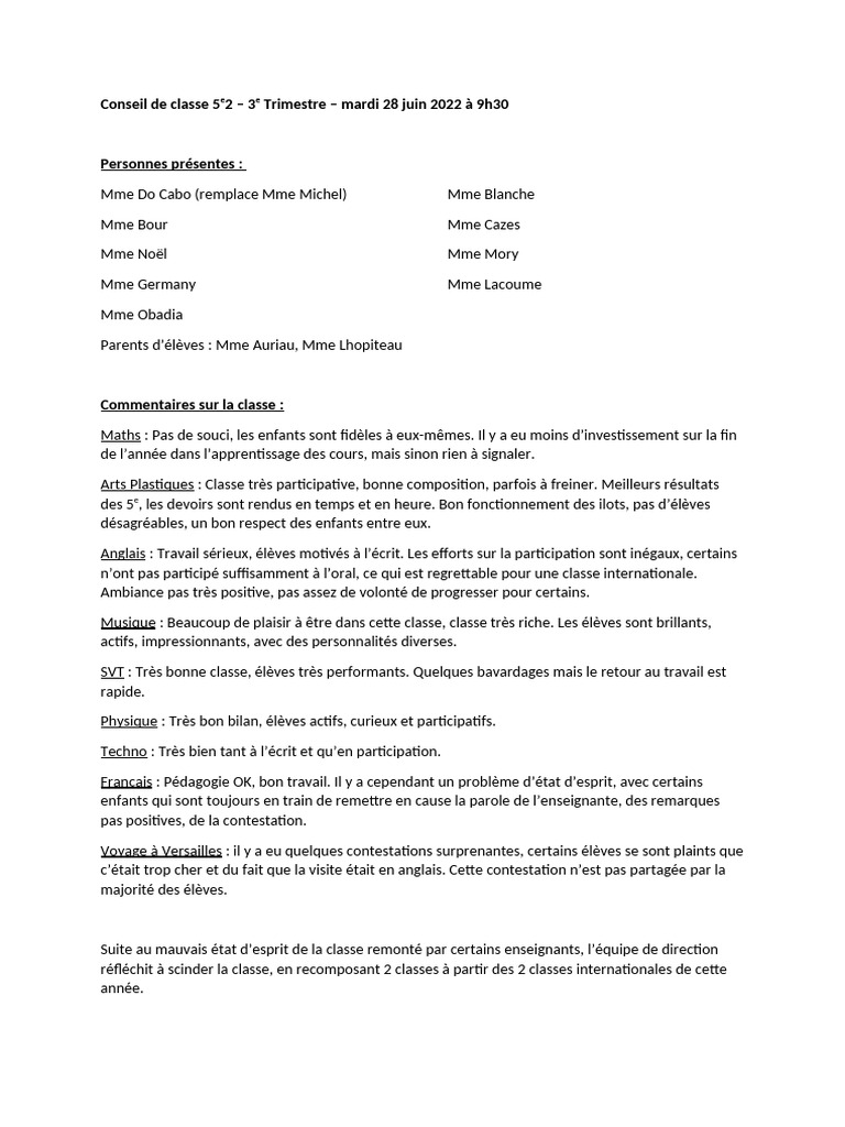 Bilan du Conseil de Classe 5e2 - 3e Trimestre | PDF