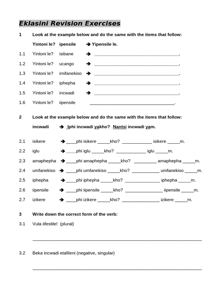 Eklasini Revision Worksheet | PDF | Linguistic Morphology | Syntax