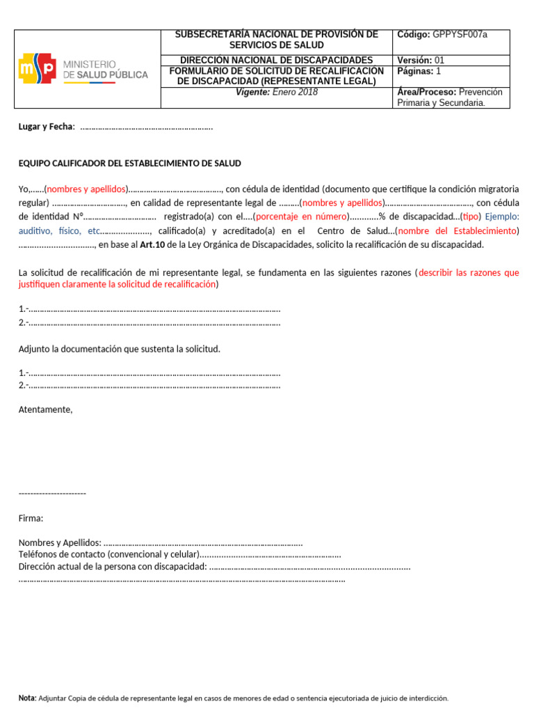 Formulario de Solicitud de Recalificación de Discapacidad ...