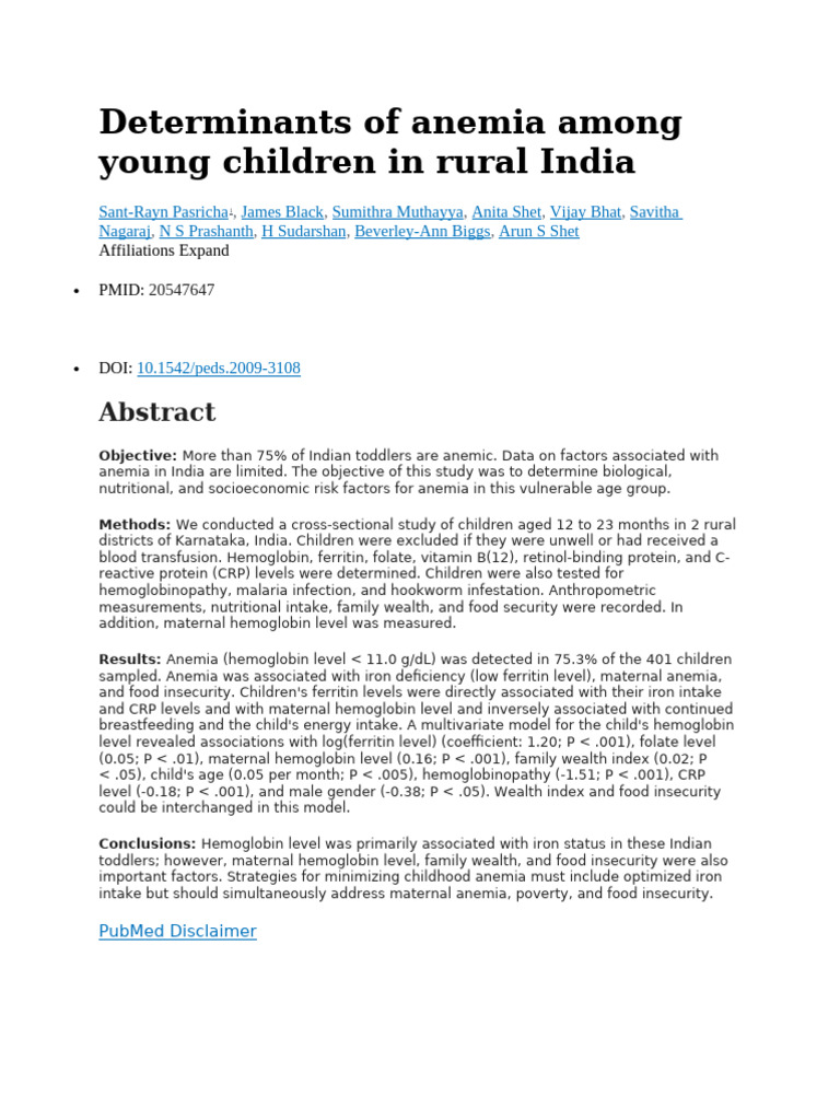 Determinants of Anemia Among Young Children in Rural India | PDF ...