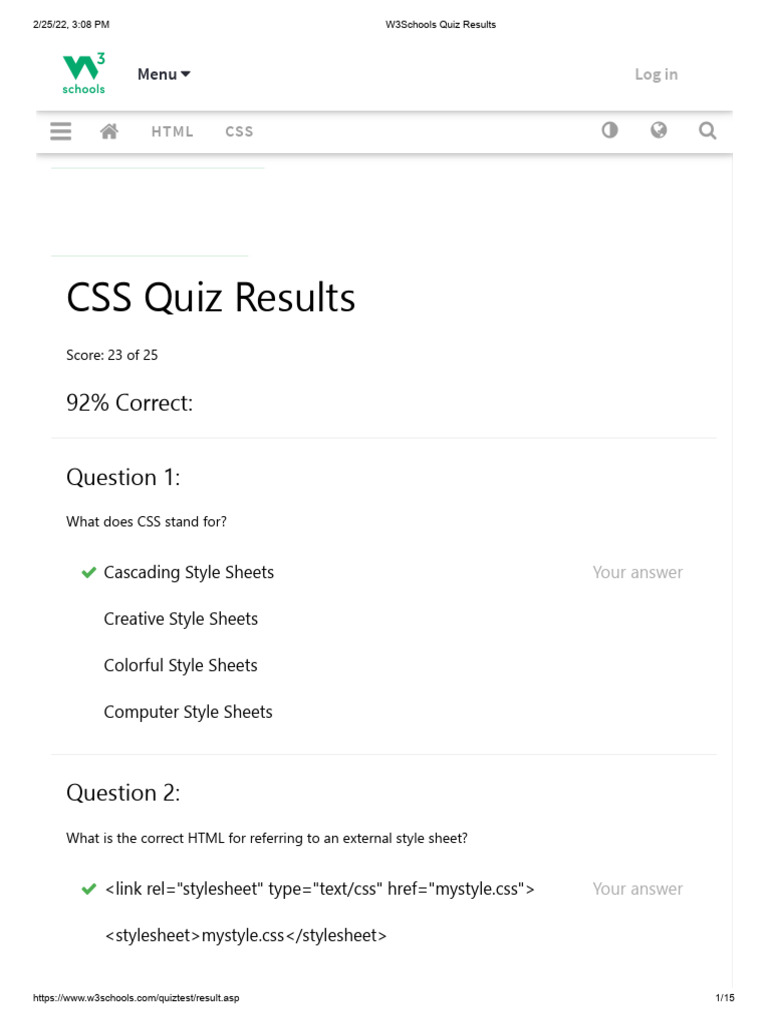 W3Schools Quiz Results Css | PDF | Internet | World Wide Web Consortium