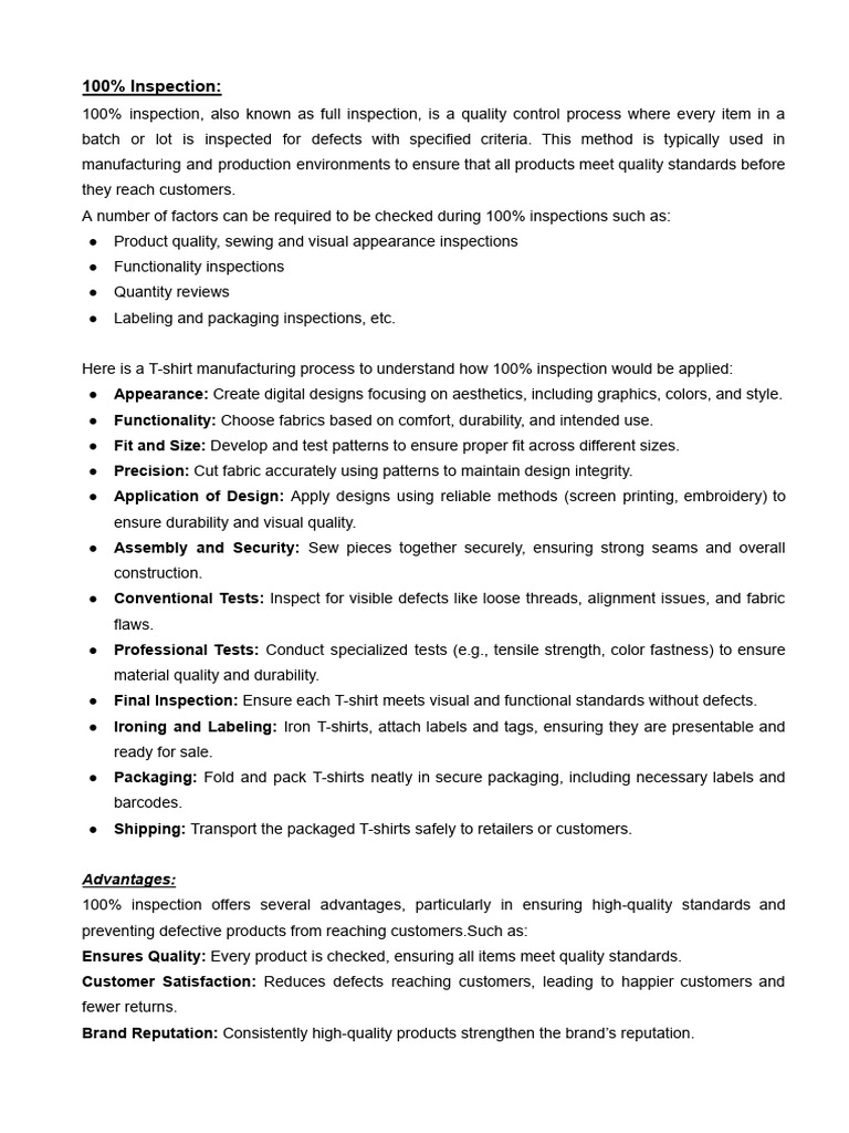 100% Inspection in Garment Quality Control | PDF | Textiles | Audit