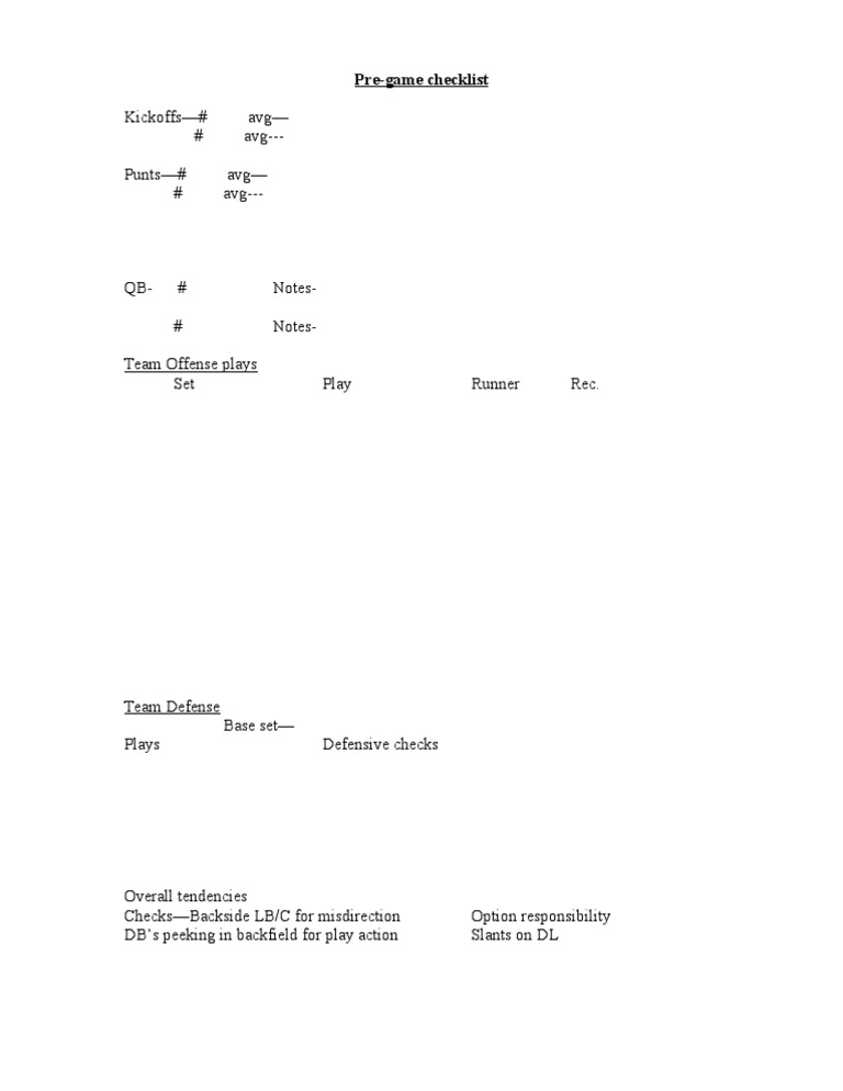 Pre-Game Checklist for Football Teams | PDF
