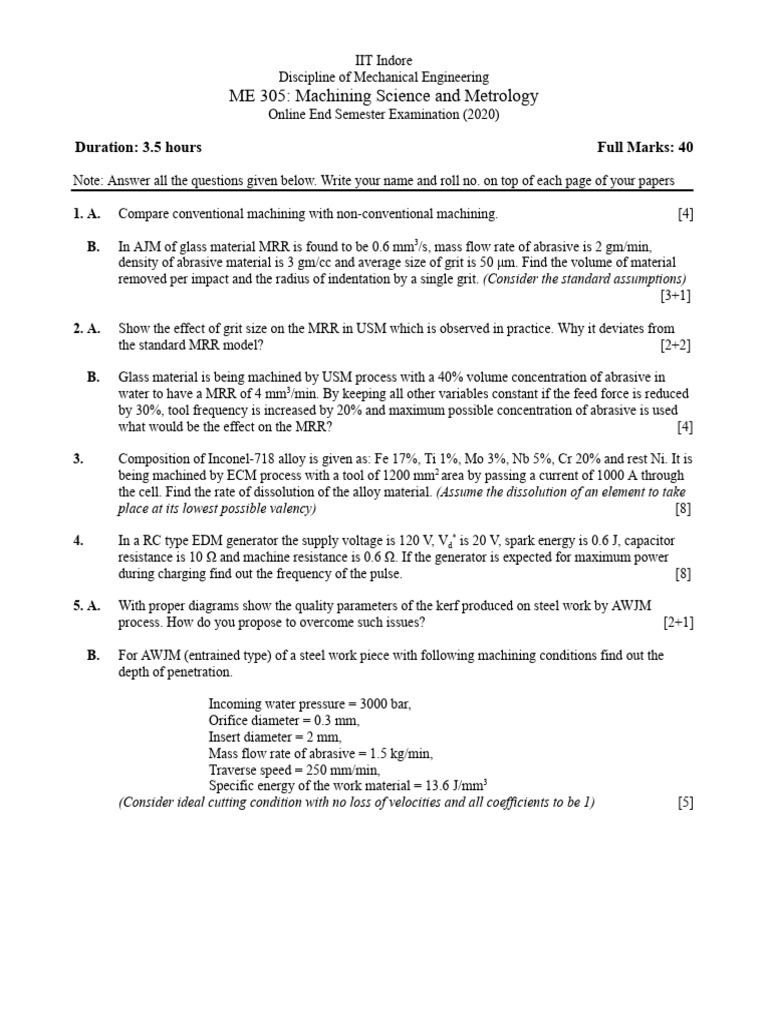 End Sem Qs 2020 - ME 305 | PDF | Physical Quantities | Materials Science