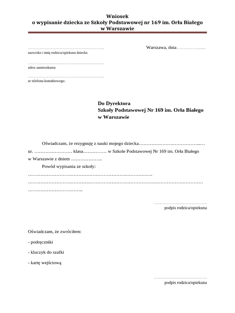 Wniosek Rezygnacja Ze Szkoly PDF