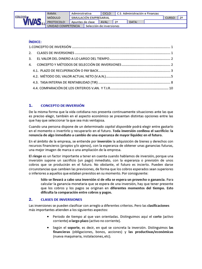 Selección de Inversiones | PDF | Tasa interna de retorno | Valor ...
