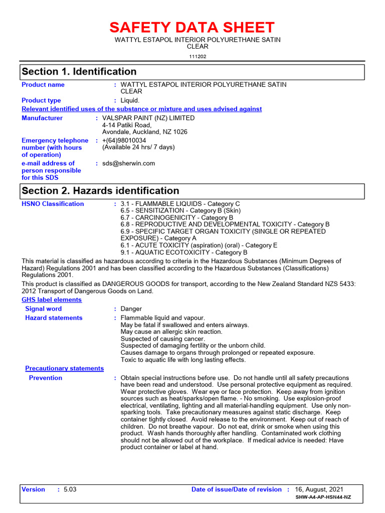 Picture of Wattyl Estapol Interior Satin SDS | PDF | Dangerous Goods | Toxicity