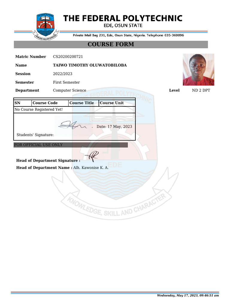 Computer Science Course Form 2023 | PDF