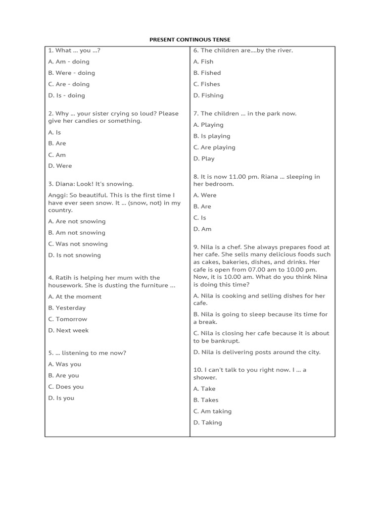 Present Continuous Tense Exercises | PDF | Food And Drink | Western Cuisine