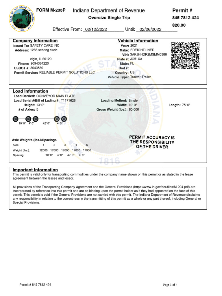 Indiana Oversize Single Trip Permit 845 | PDF | Lease | Vehicles