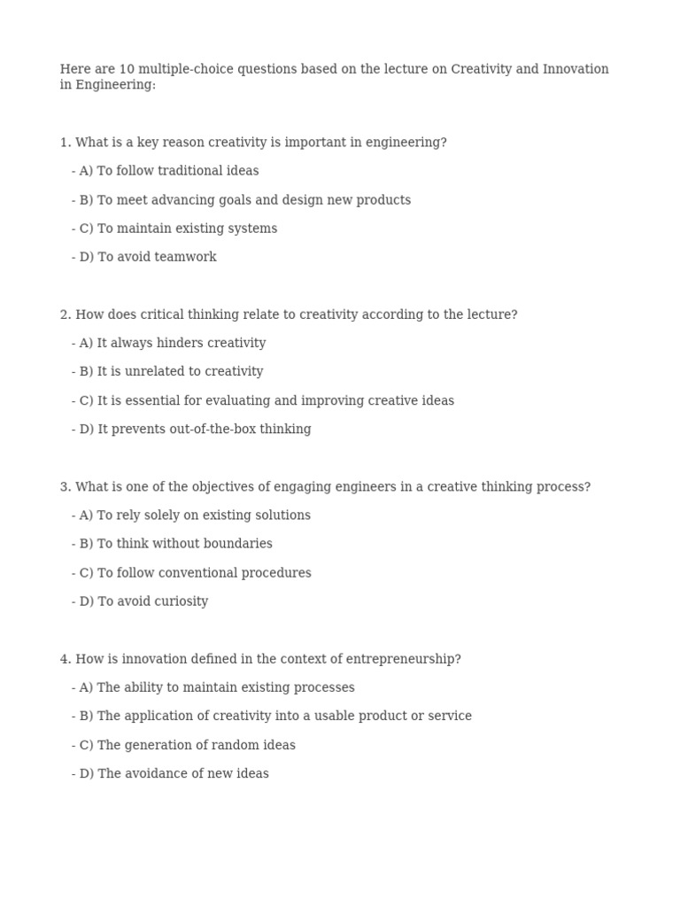 Creativity and Innovation Quiz for Engineers | PDF | Creativity | Thought