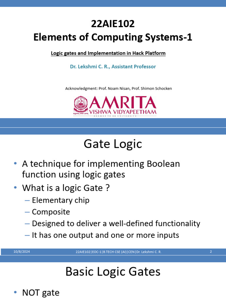EoC-1 - Lecture - 8 - Logic Gates and Implementation in Hack Platform ...