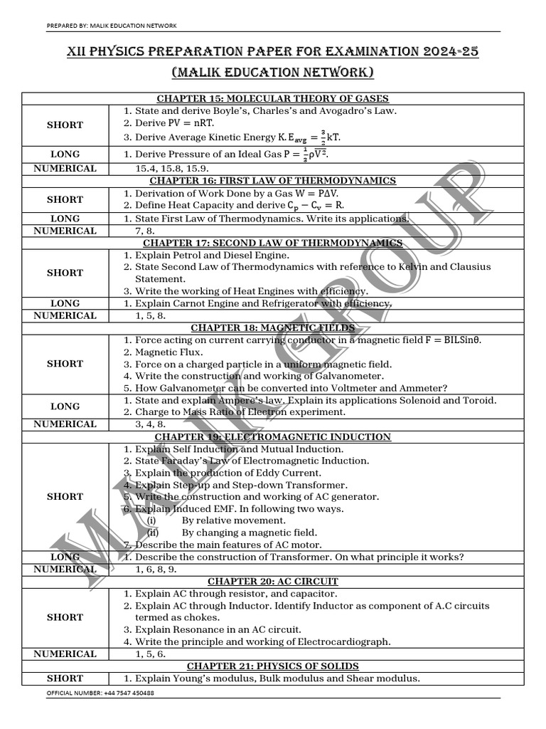 XII Physics Exam Prep Paper 2024-25 | PDF | Electromagnetic Induction ...