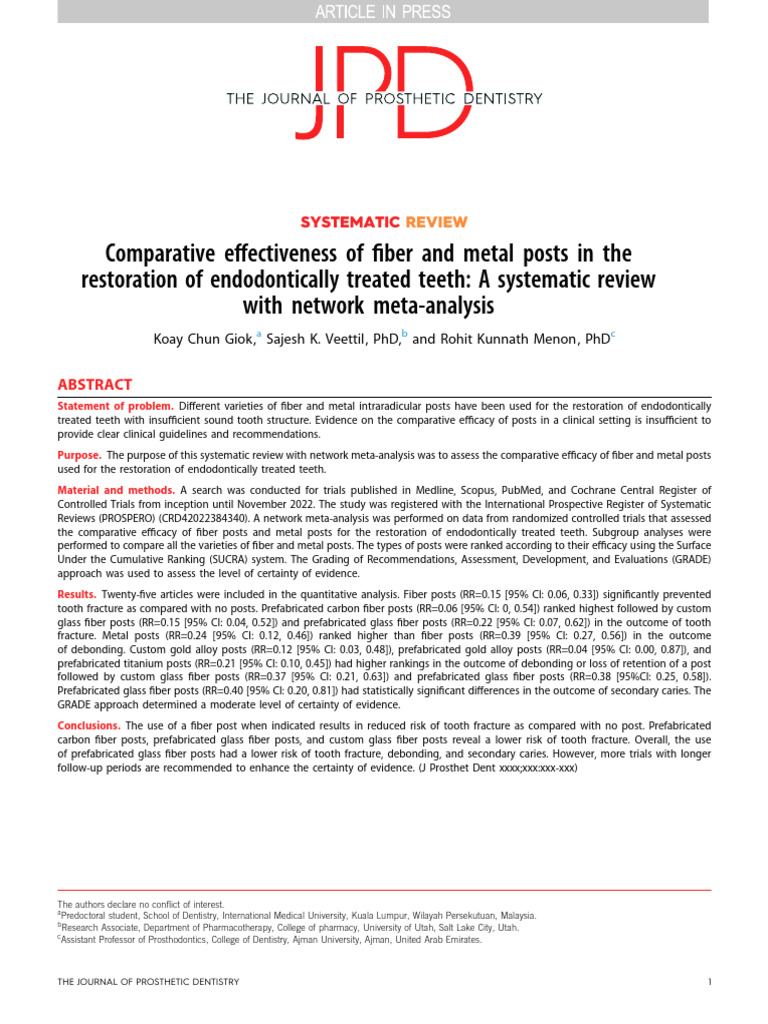 Fiber vs Metal Posts in Tooth Restoration | PDF | Systematic Review ...