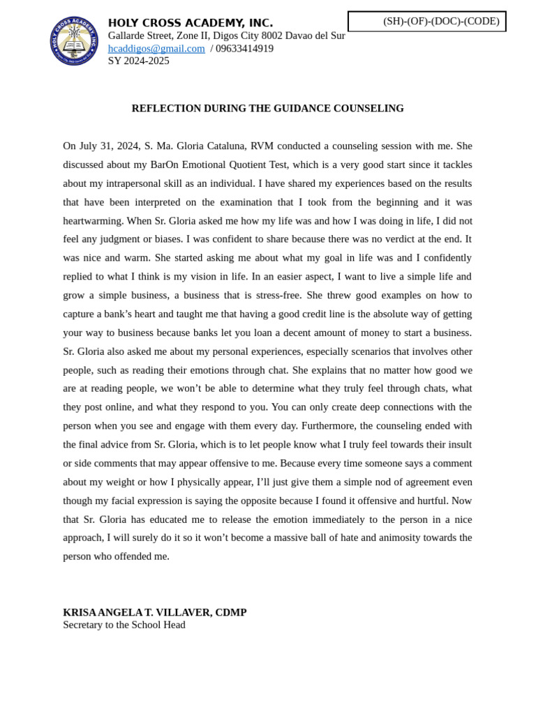 Reflection on Guidance Counseling Session | PDF