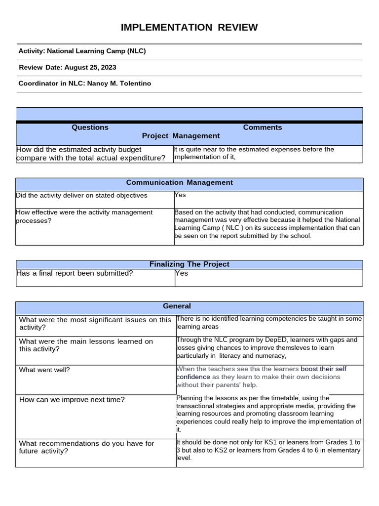 2023 National Learning Camp Review | PDF | Behavior Modification ...