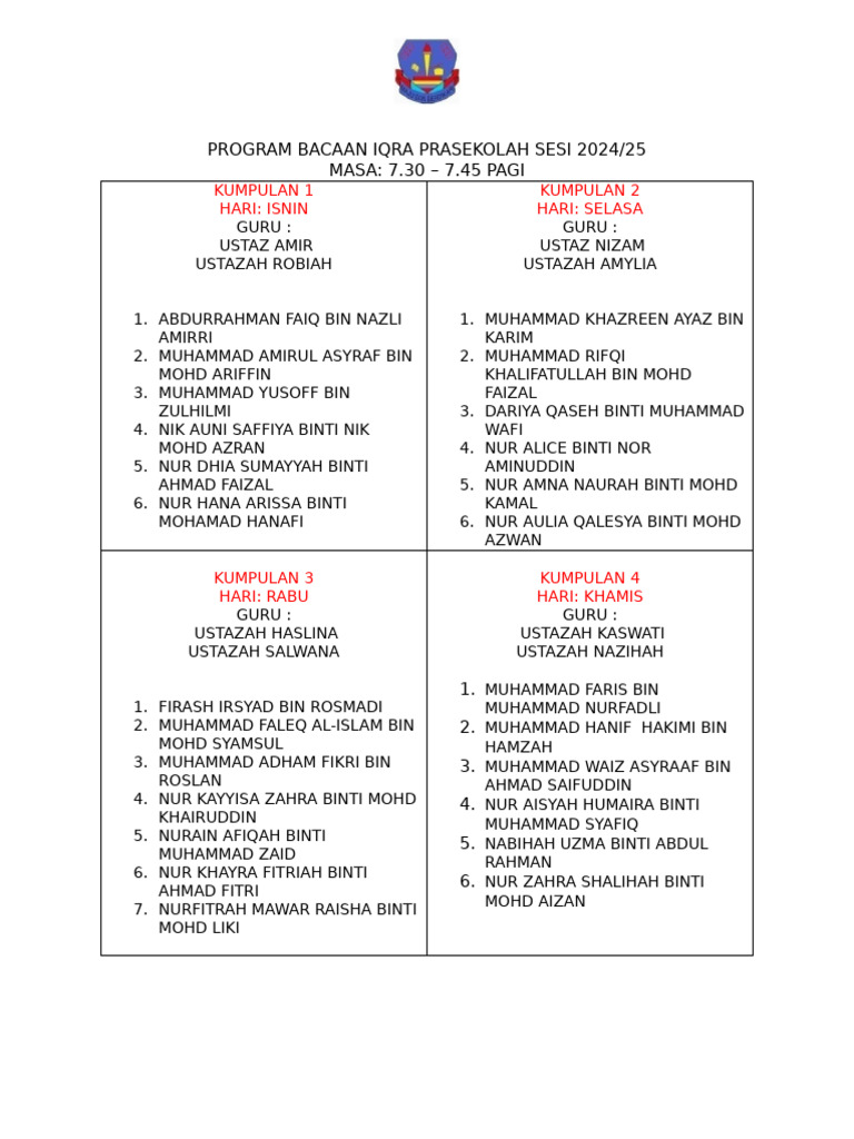 Program Bacaan Iqra Prasekolah Sesi 2024 | PDF