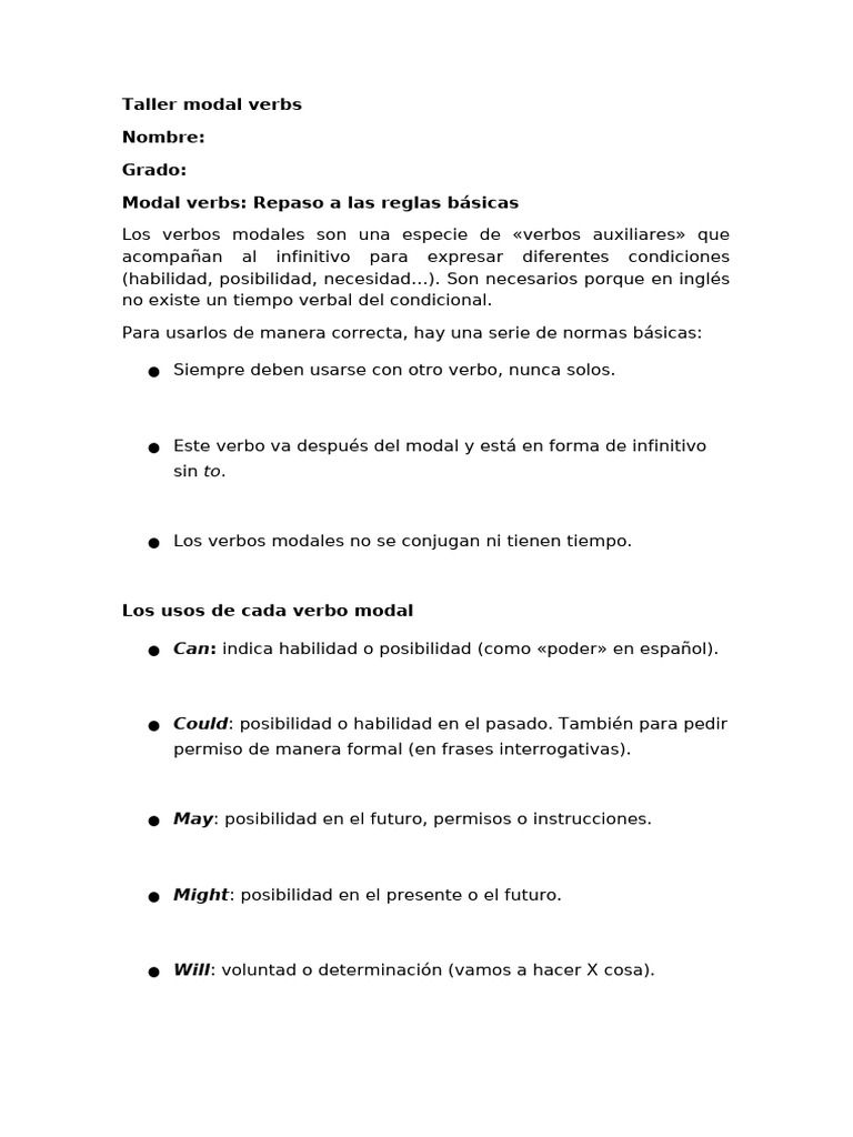 Ejercicios de Verbos Modales | PDF