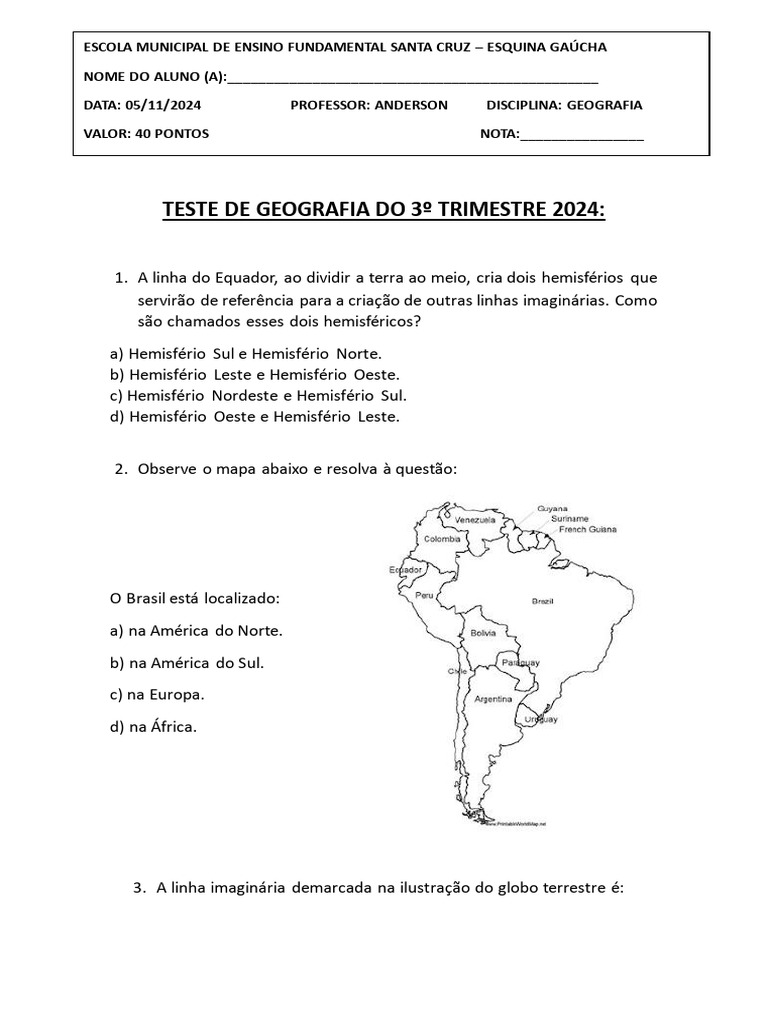 Teste de Geografia 3º Trimestre 2024 | PDF | Terra | Continente