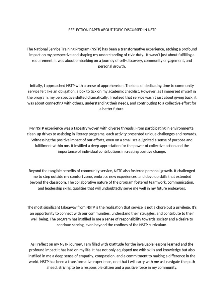 Transformative NSTP Reflection Paper | PDF | Civic Engagement ...