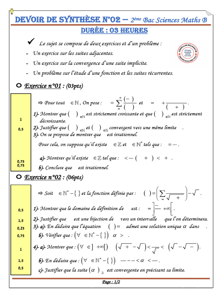 Devoir de Synthèse NO - 02 - Bac - SC - Maths | PDF | Analyse ...