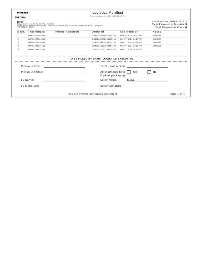 Logistics Manifest for Jesse | PDF