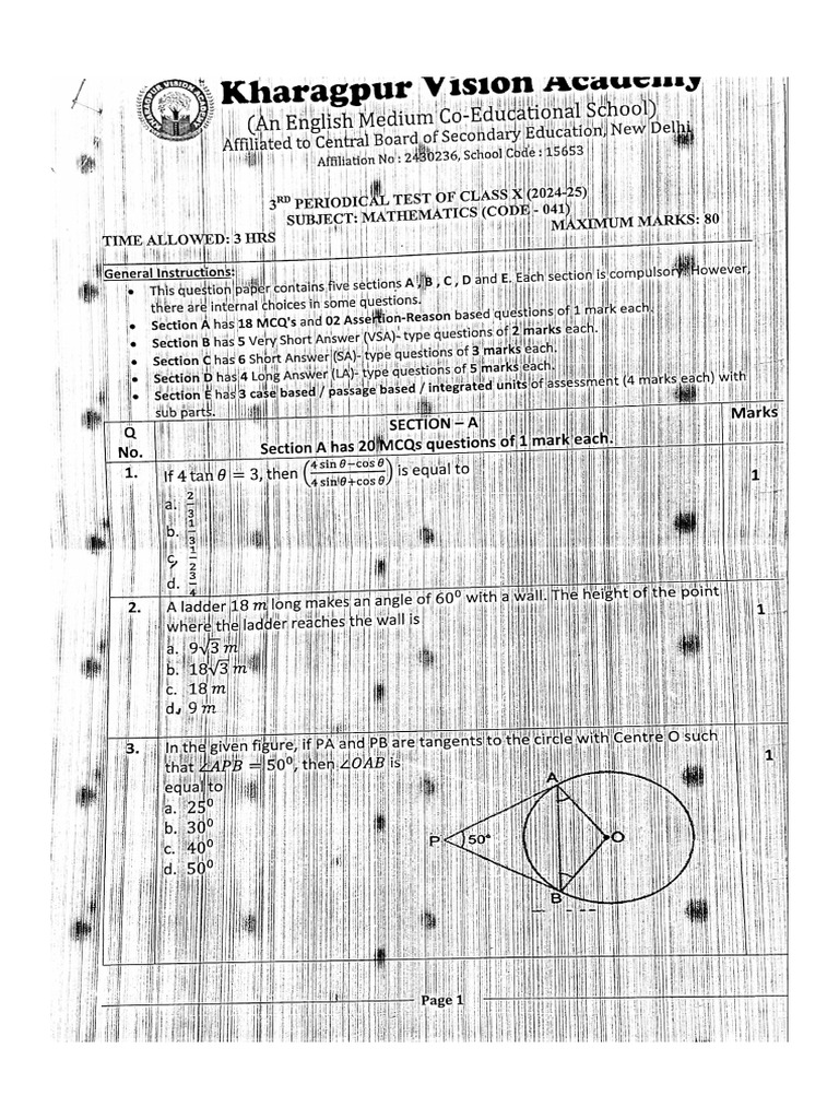 Kharagpur Vision Academy (Class 10) Question Paper | PDF