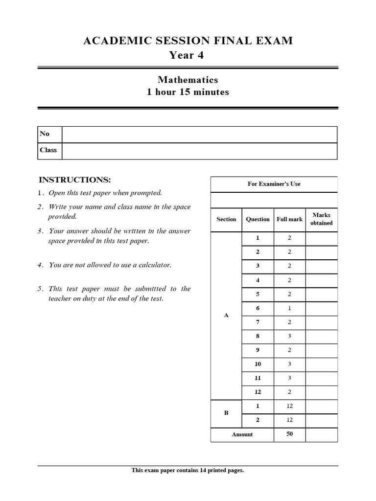Year 4 Mathematics Exam Paper 2023 | PDF