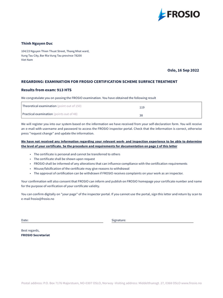 FROSIO Certification Examination Results | PDF
