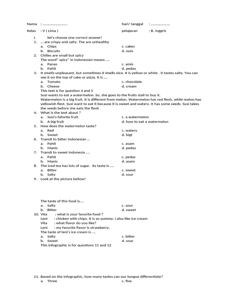 English Taste and Food Quiz for Class V | PDF | Taste | Umami