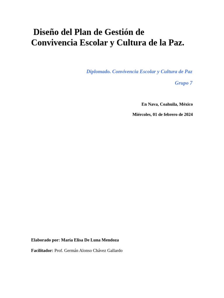 Diseño Del Plan de Gestión de Convivencia Escolar y Cultura de La Paz ...