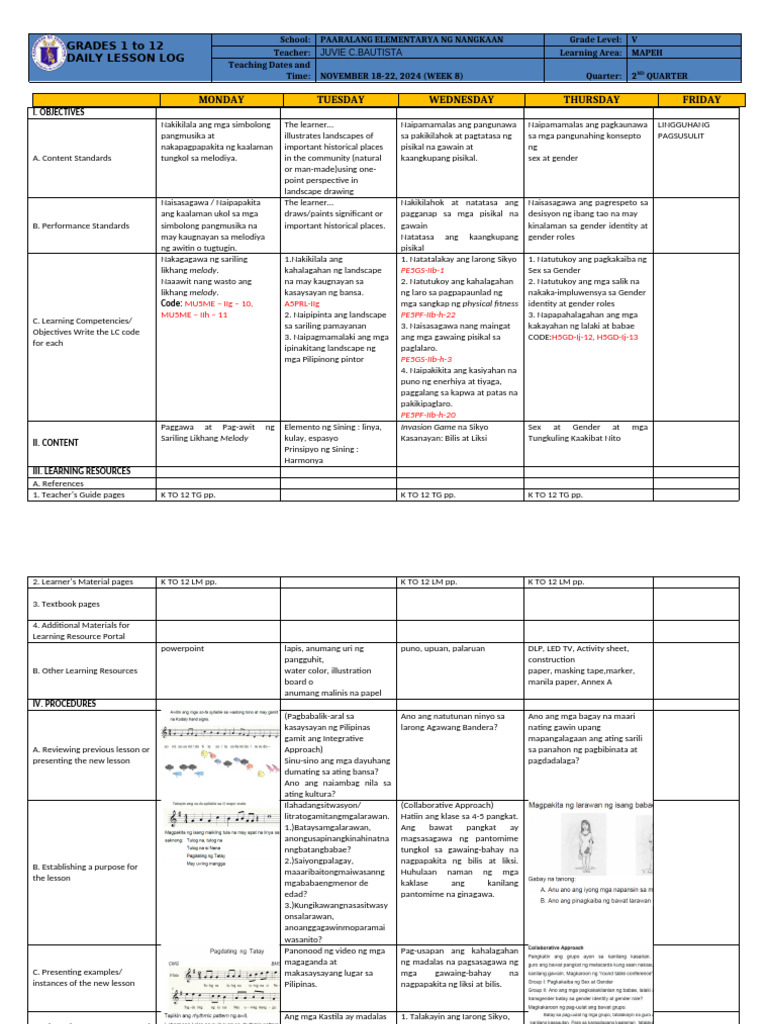 DLL - Mapeh 5 - Q2 - W8 | PDF