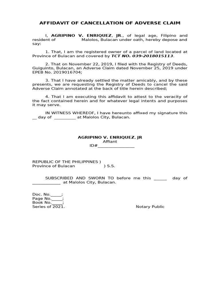 Affidavit to Cancel Adverse Claim | PDF | Law