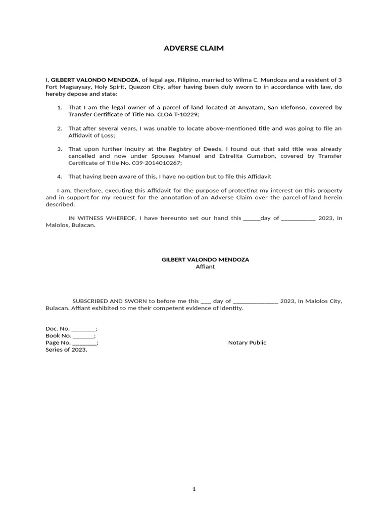 Adverse Claim Affidavit for Property | PDF