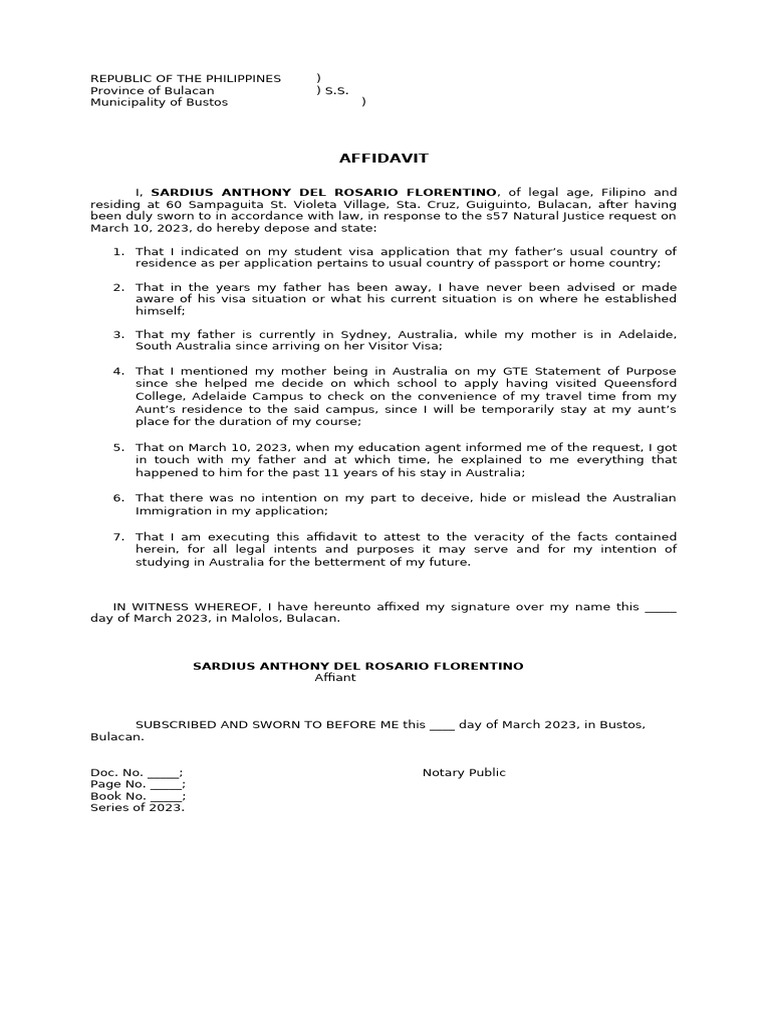 Affidavit for Australian Student Visa | PDF